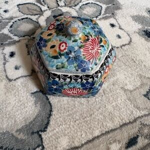 Polish Pottery Unikat 3162 Floral Hexagonal Ceramic Box